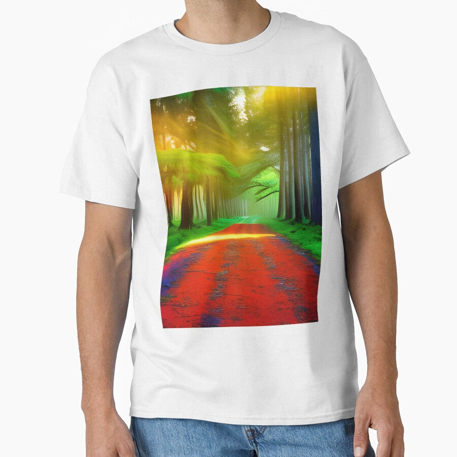 Red road in a green forest by brandway