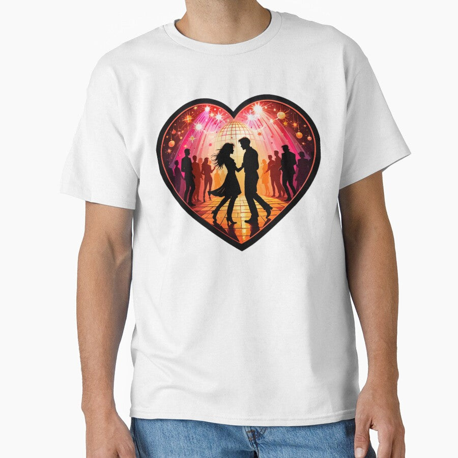 Retro Love - Dancing Couple on Checkered Floor with Disco Ball and Vibrant Heart-Shaped Frame by KreaDesignOne