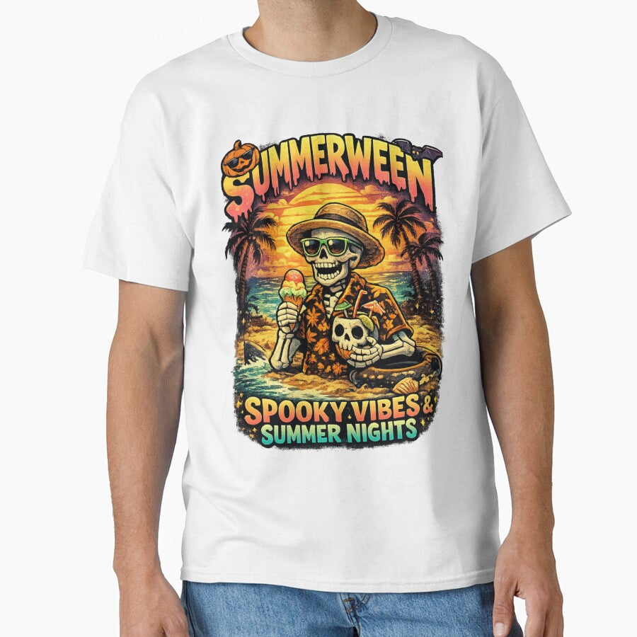 Summerween Spooky Vibes Skeleton Beach Sunset Shirt by vampbabe54