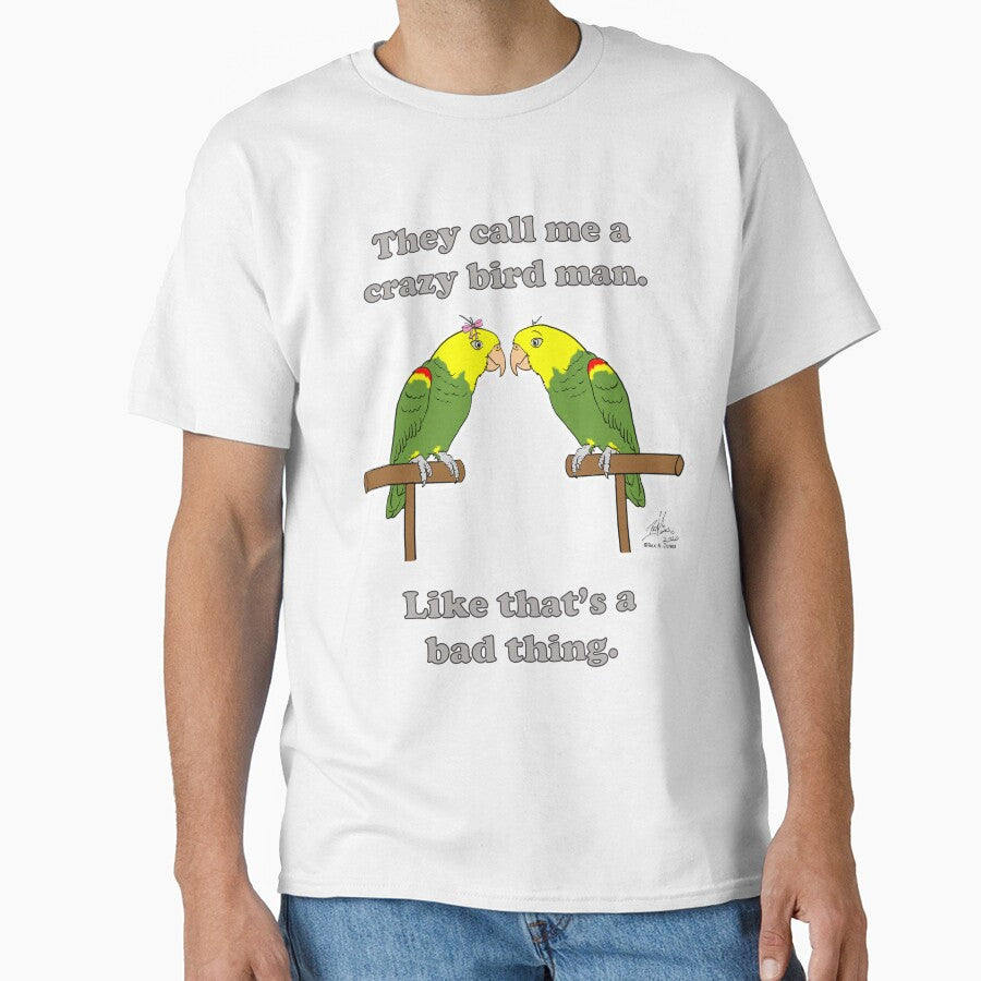 Crazy Bird man with double yellow-headed amazon by Laughing Parrot Studio