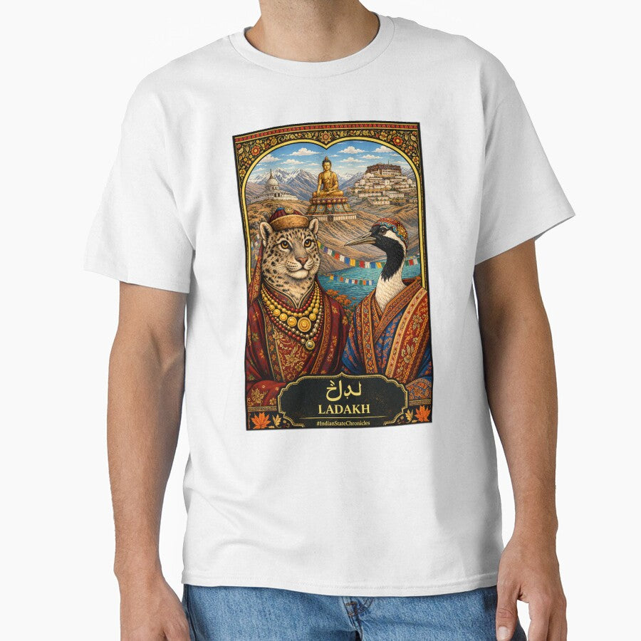 Ladakh T-Shirt | Heritage Snow Leopard & Black-Necked Crane Art | IndianStateChronicles by freezed-frames