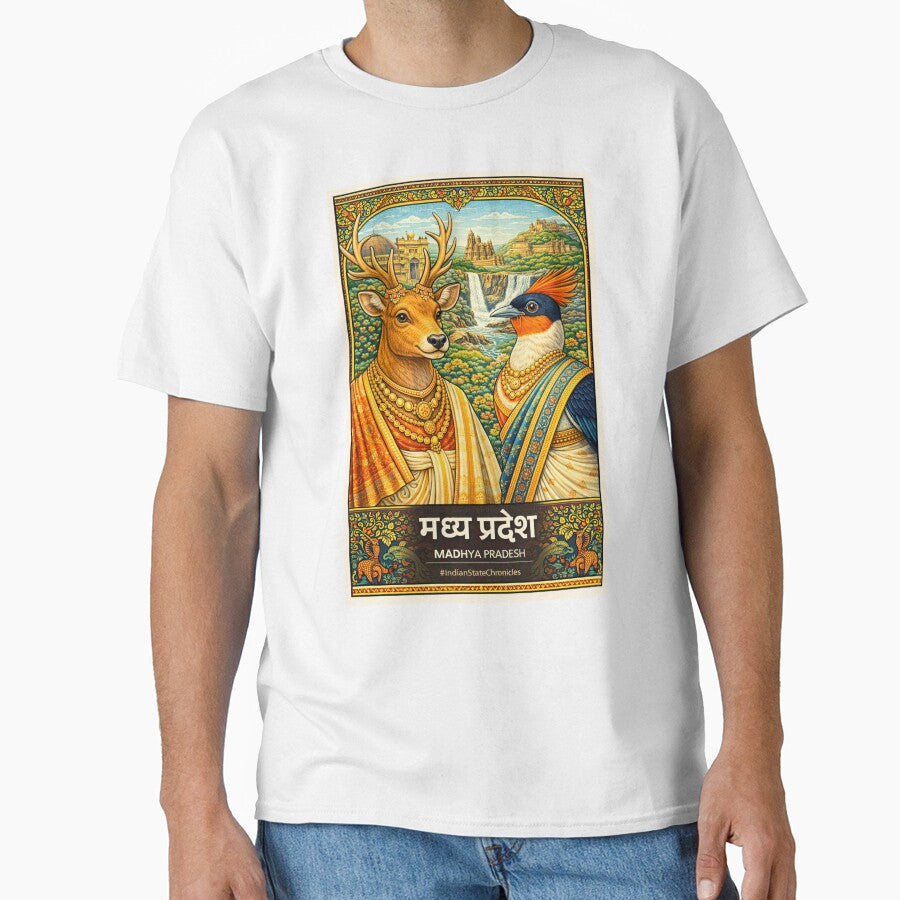 Madhya Pradesh T-Shirt | Heritage Swamp Deer (Barasingha) & Indian Paradise Flycatcher Art | IndianStateChronicles by freezed-frames