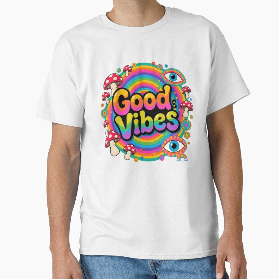 Good Vibes Retro Psychedelic Rainbow with Mushrooms and Eyes by Golden_Pixel_Paper