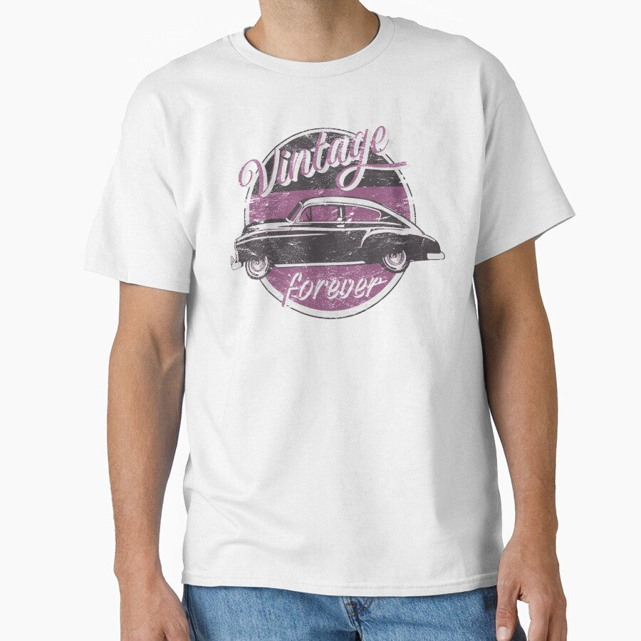 Vintage Car Forever Dull Earthy Toned Magenta Color Distressed Slogan Design by TrulyEpoque