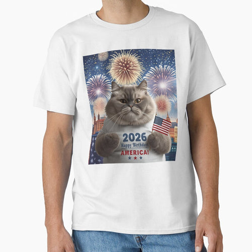 "Happy Birthday America 2026" Patriotic Cat T-Shirt Design by WJ Cozy Creations