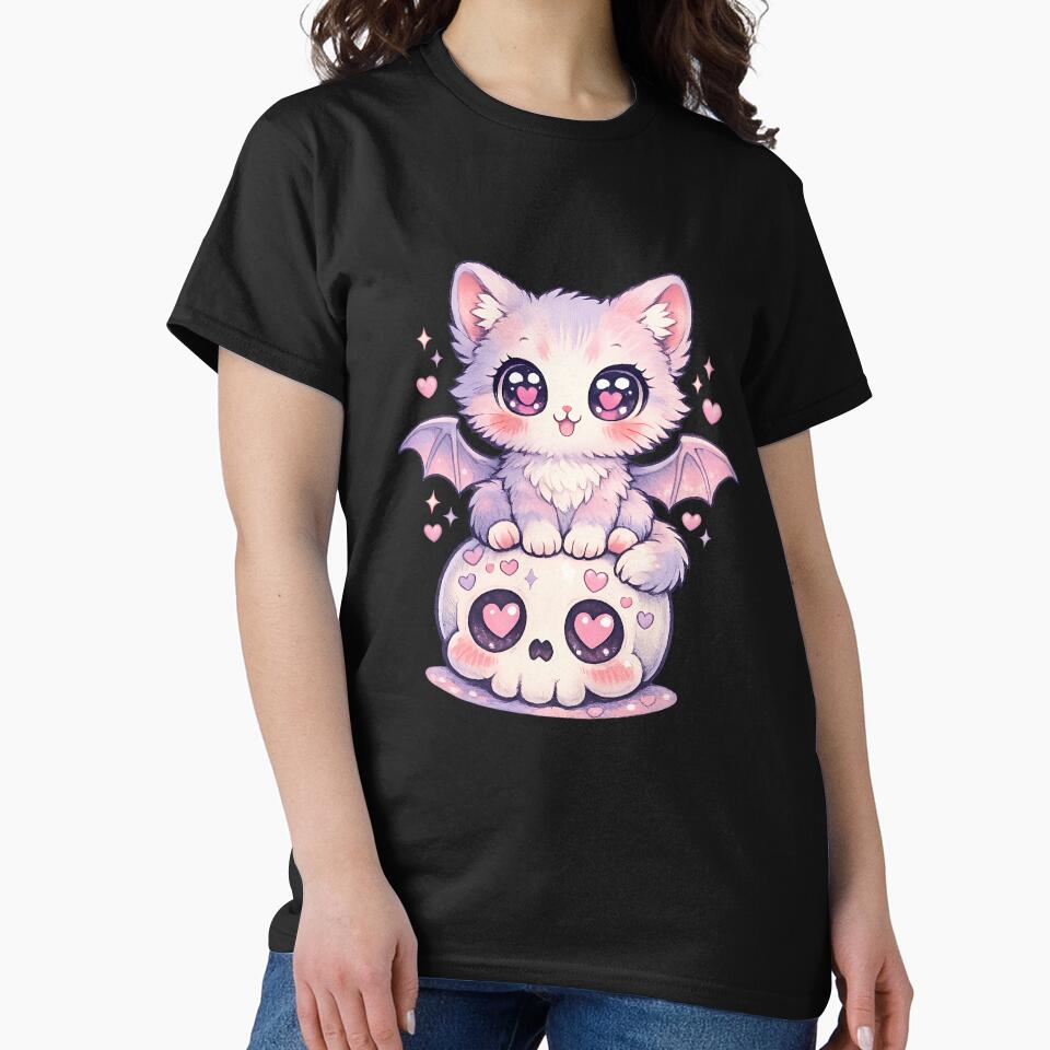 Kawaii Pastel Goth Bat Cat on Cute Heart Skull – Spooky Cute Anime Kitty Art by cr6zym1nd