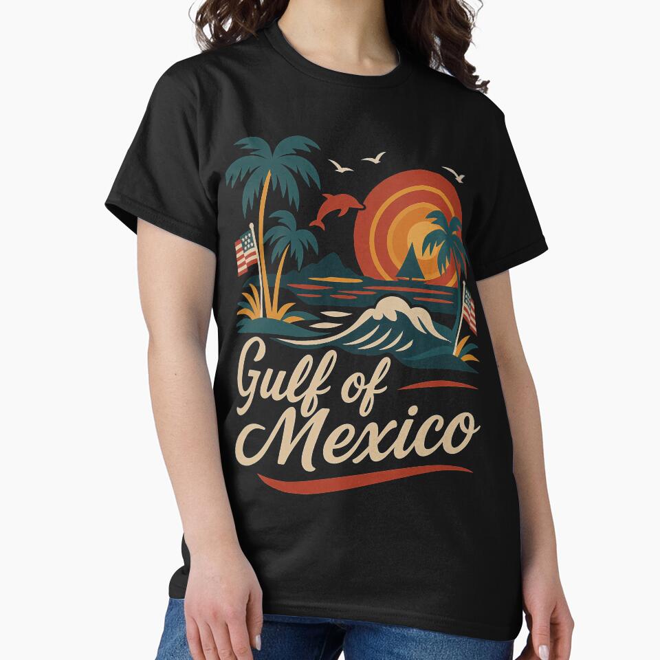 Gulf of Mexico – Retro Sunset Beach Design with Palm Trees & Dolphin by Victor Shadehorn