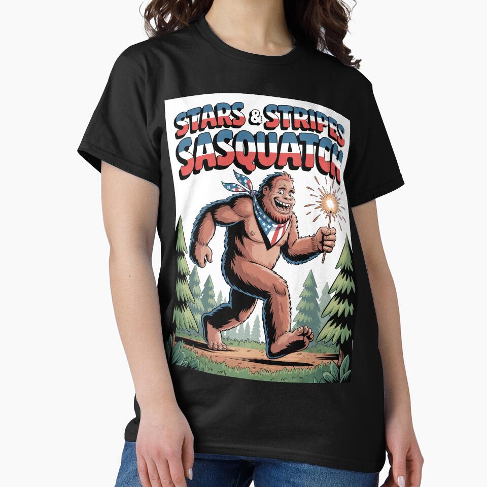USA Bigfoot Illustration – Retro Patriotic Sasquatch Adventure by OldGloryForge
