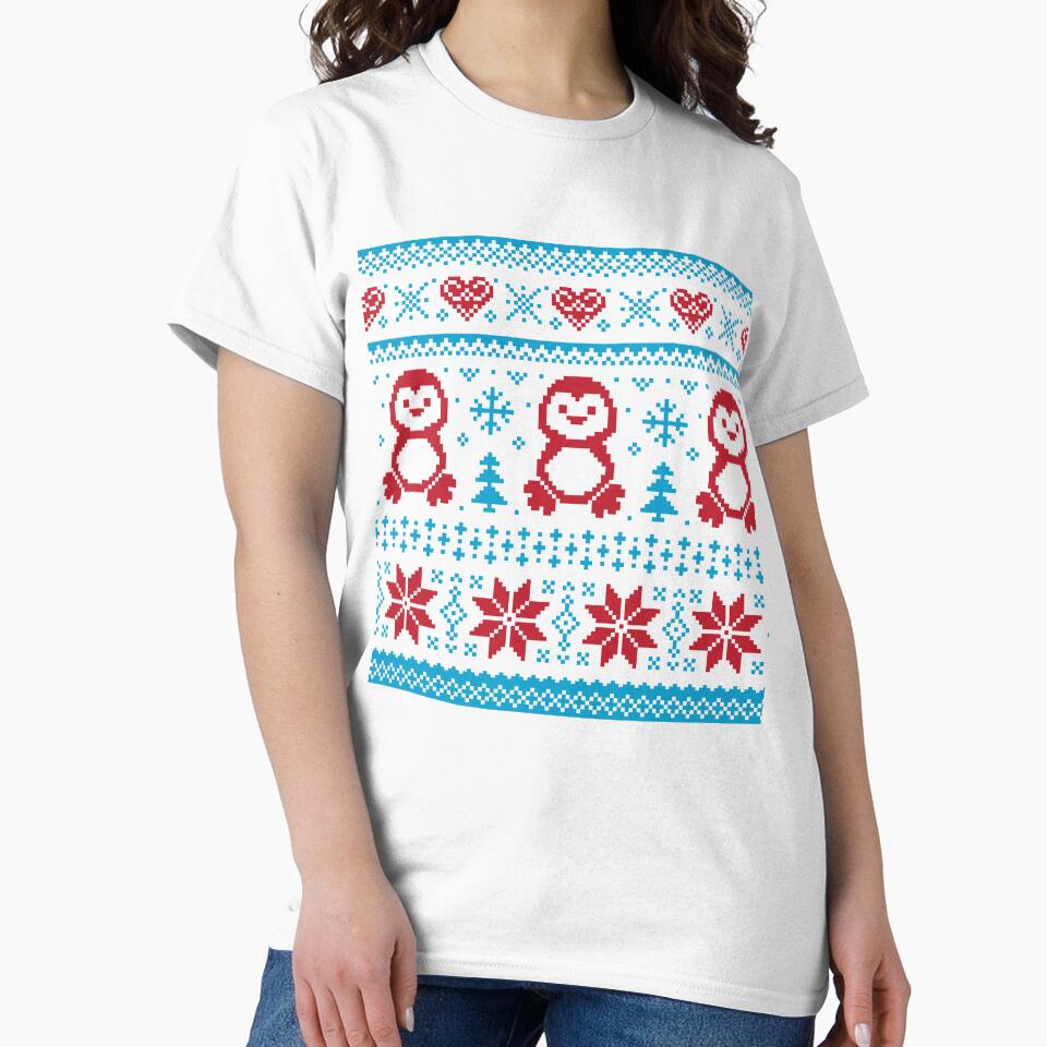 Ugly Christmas Sweater red Penguins Hearts Flowers Blue by Jaydee001