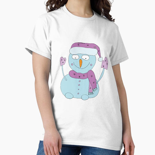 A snowman in a pink hat and mittens waves his hand. by Olga81creative