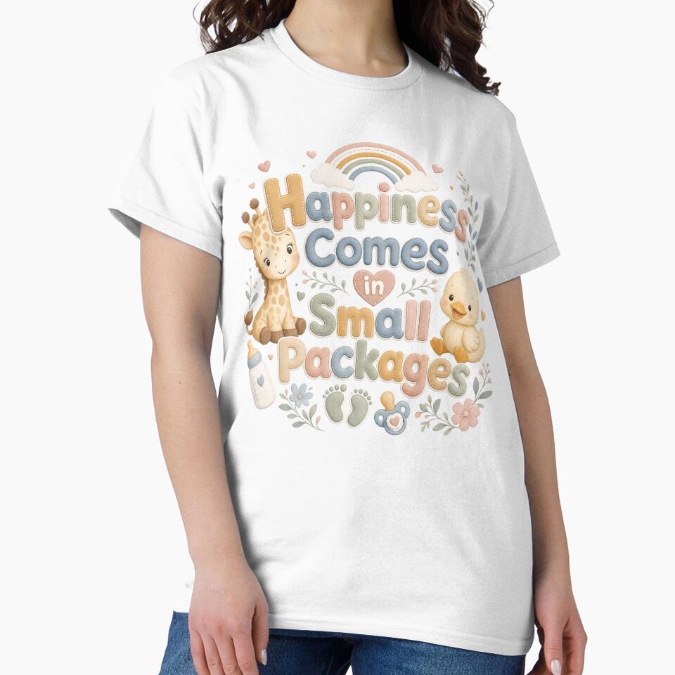 Happiness Comes in Small Packages | Cute Positive Quote Typography T-Shirt by rushaib