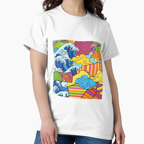 Abstract Japanese Pop Art Waves Collage | Ukiyo-e Style Ocean & Colorful Stripes | Maximalist Aesthetic Design by Badis  Mardessi