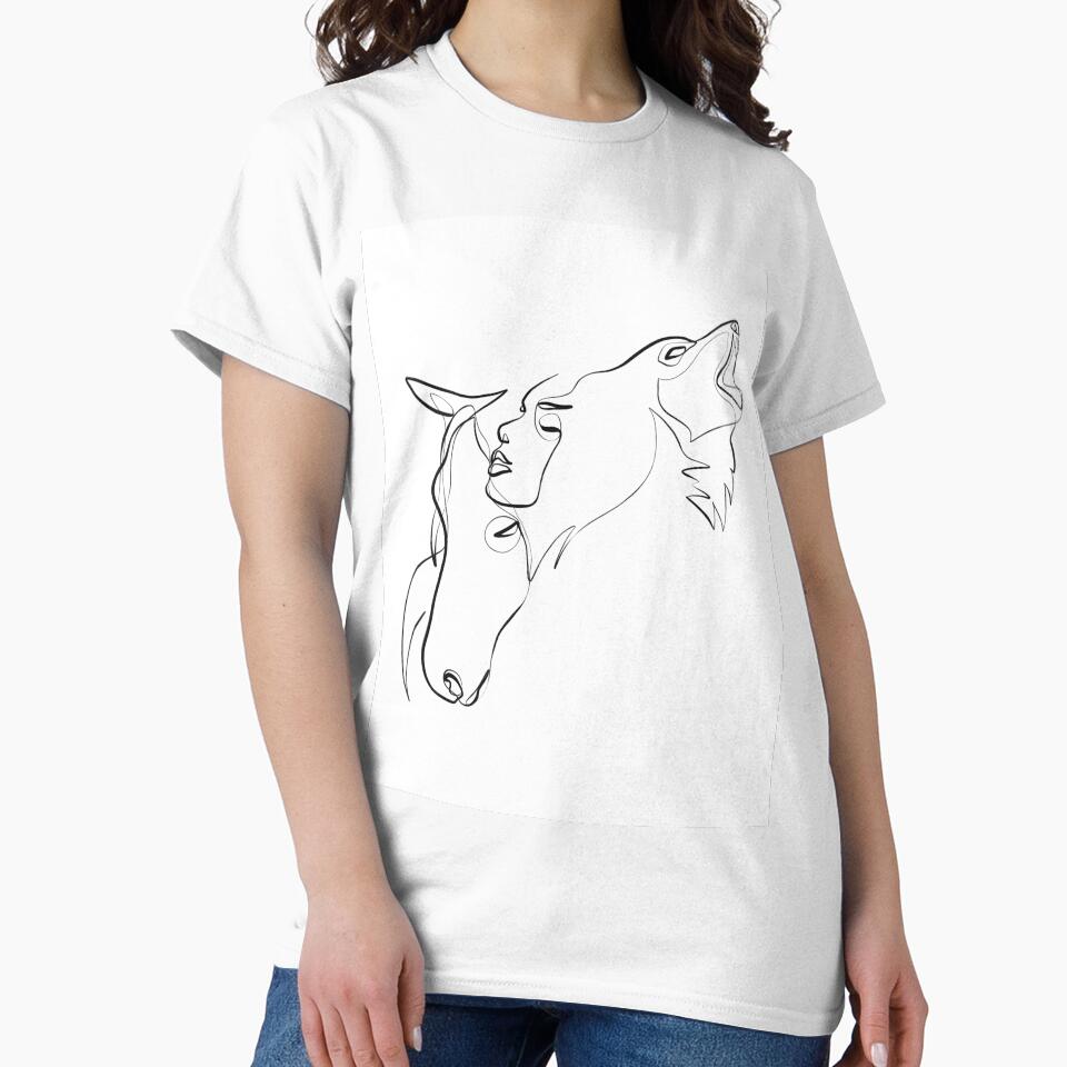 Continuous Line Horse, Wolf and Woman Drawing by Zetsmo