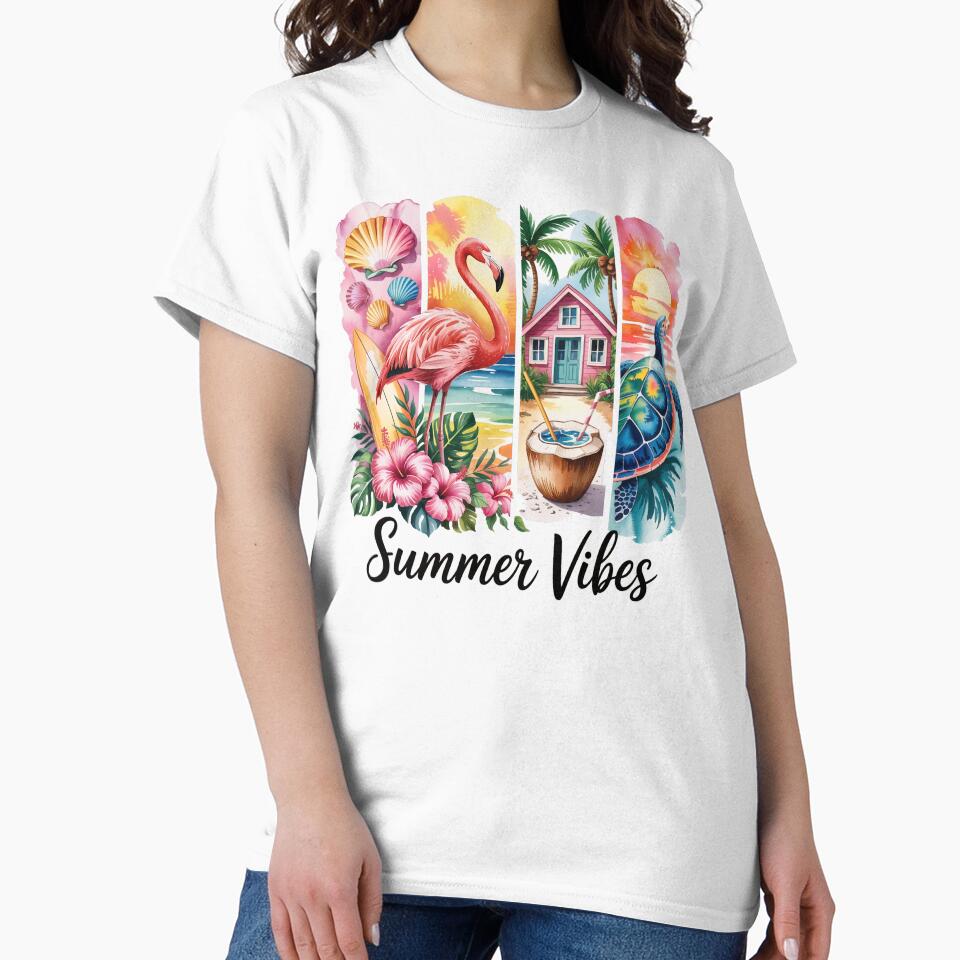 Summer Vibes Tropical Flamingo Sea Turtle Sunset Watercolor by SpookshowDesign