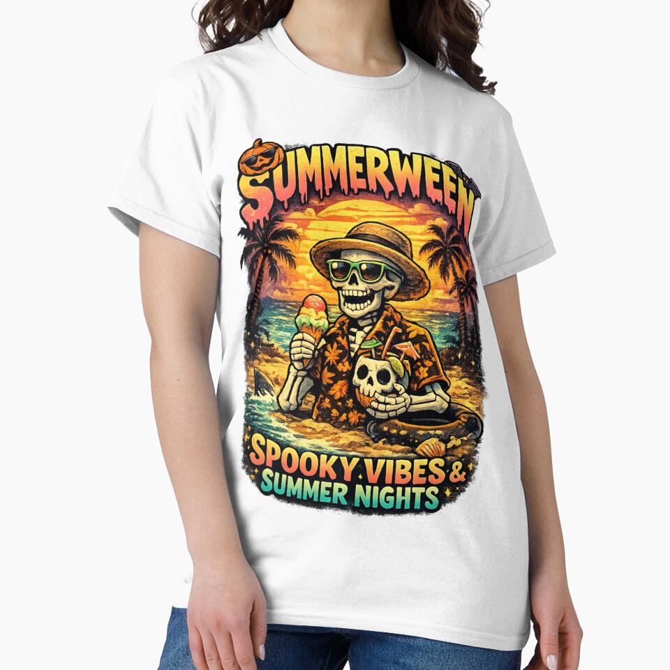 Summerween Spooky Vibes Skeleton Beach Sunset Shirt by vampbabe54