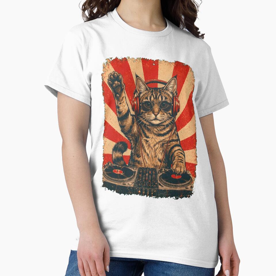 Vintage DJ American Bobtail With Headphones Art Cat Owner by DoodleTortle
