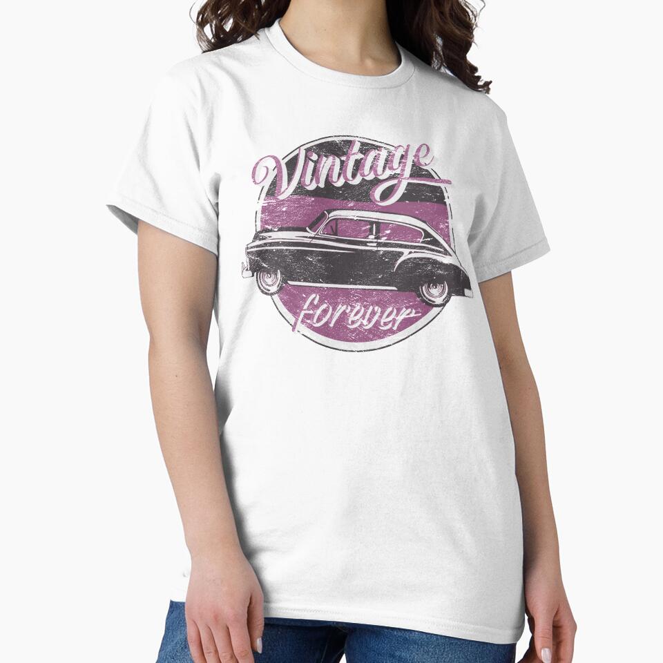 Vintage Car Forever Dull Earthy Toned Magenta Color Distressed Slogan Design by TrulyEpoque