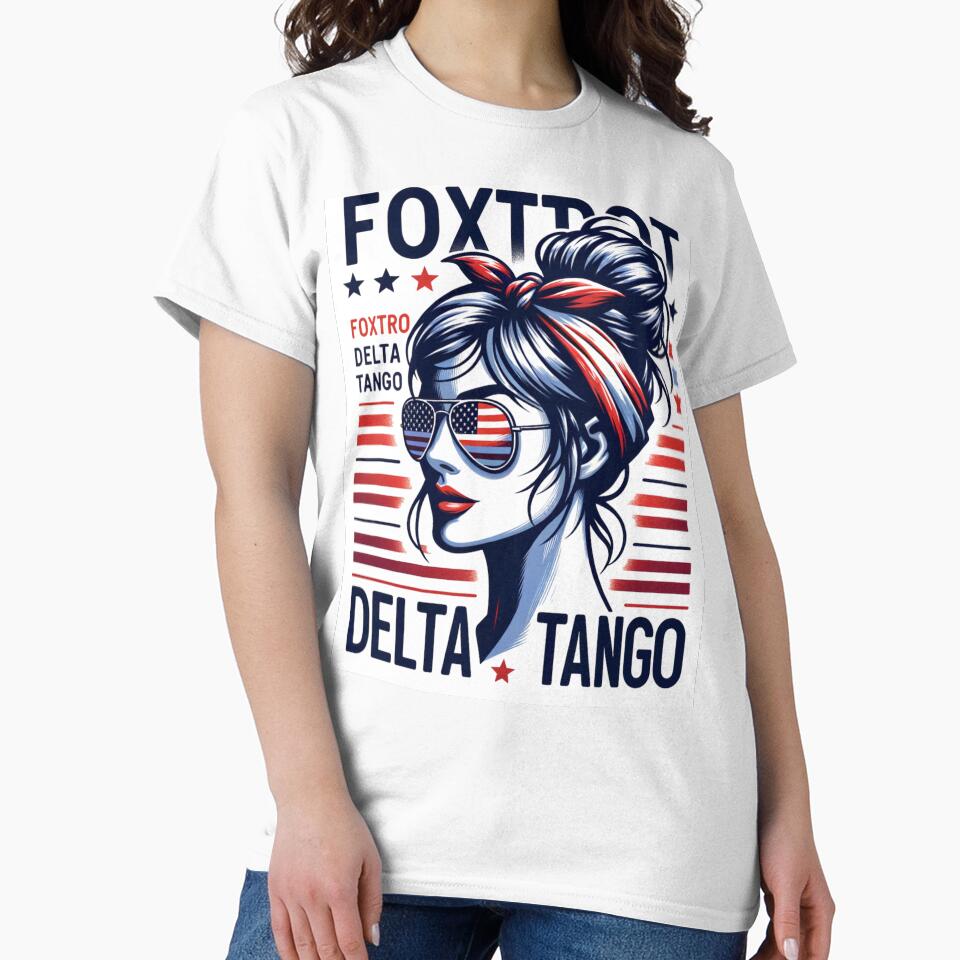 Foxtrot Delta Tango Woman with Messy Bun and Bandana – Fun Independence Day Design by Fragy72