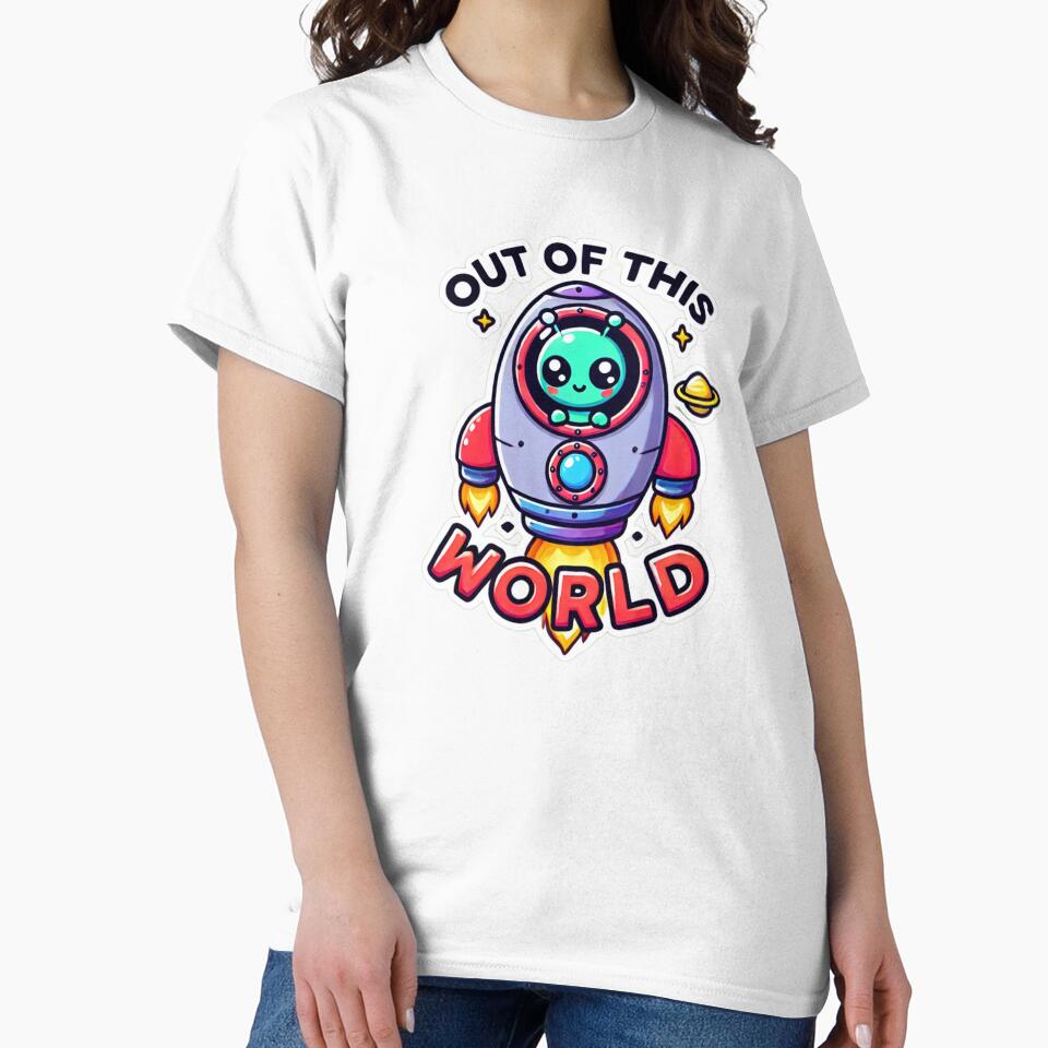 Rocket Ship with Cute Alien and 'Out of This World' Text by NattyGe