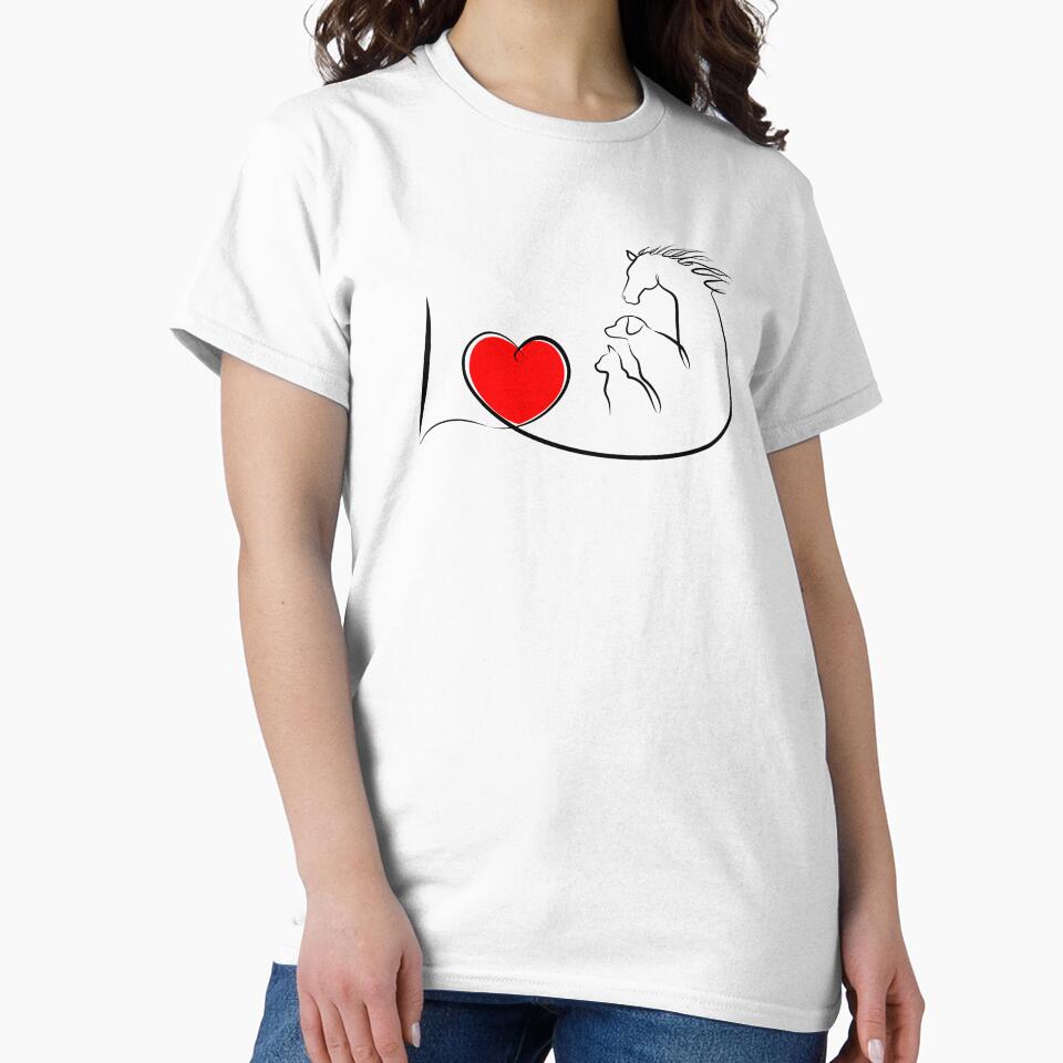I love animals, horse, dog and cat with red heart. One line drawing by evk-art