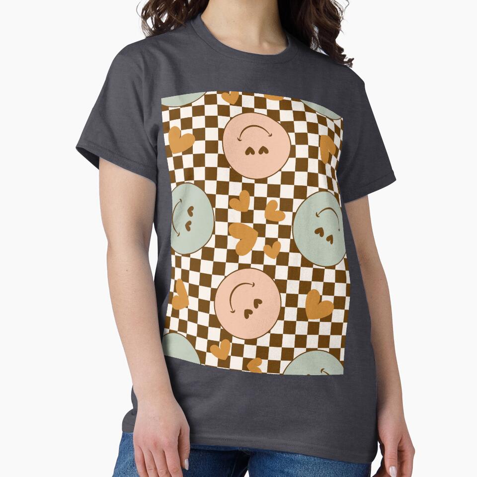 Cute smiley print with hearts and checks - pink and sage green by RSDigitalPrintDesign