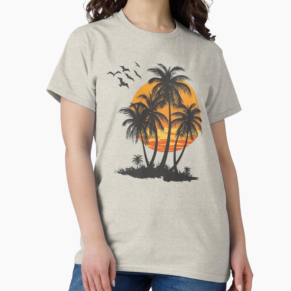 Vintage Tropical Sunset Paradise – Retro Palm Tree Beach Silhouette T-Shirts by HomeFarShop