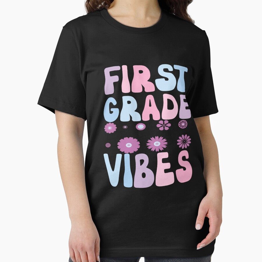 First Grade Vibes Retro Purple Flowers Funny First Grade Gift by SharpThreadZ