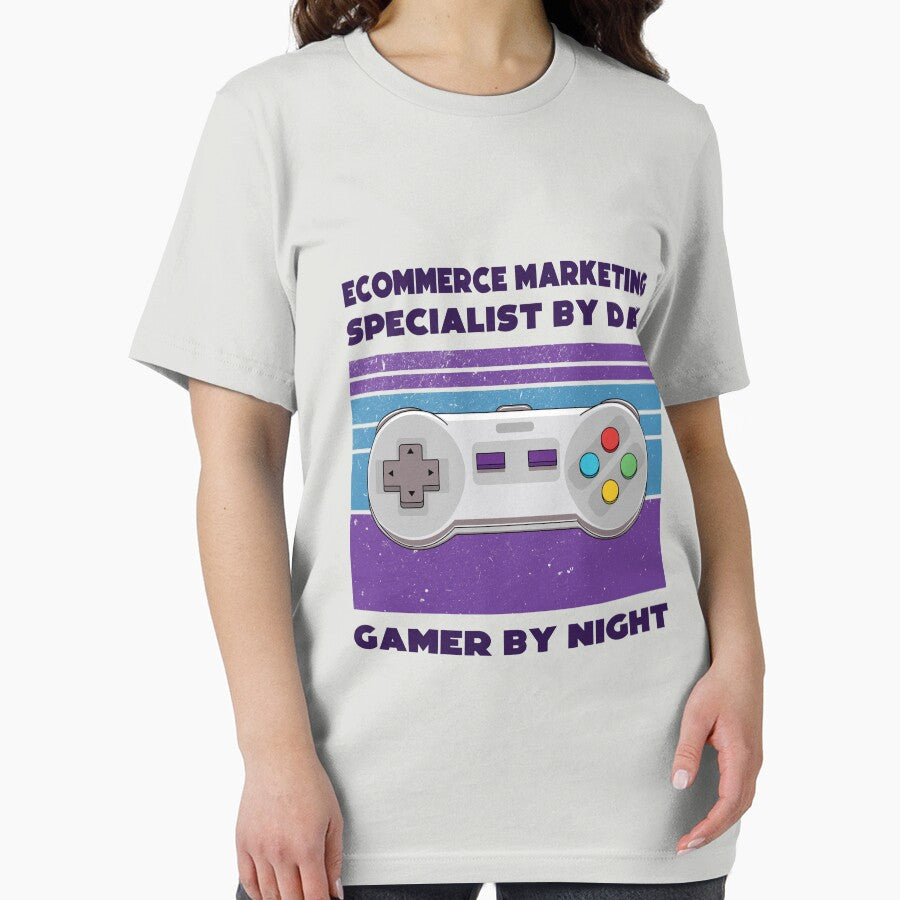Ecommerce marketing specialist by day gamer by night, dark text, funny games lovers, humor, joke, meme, gamer worker, ecommerce marketing specialist job, marketing department by SGS-