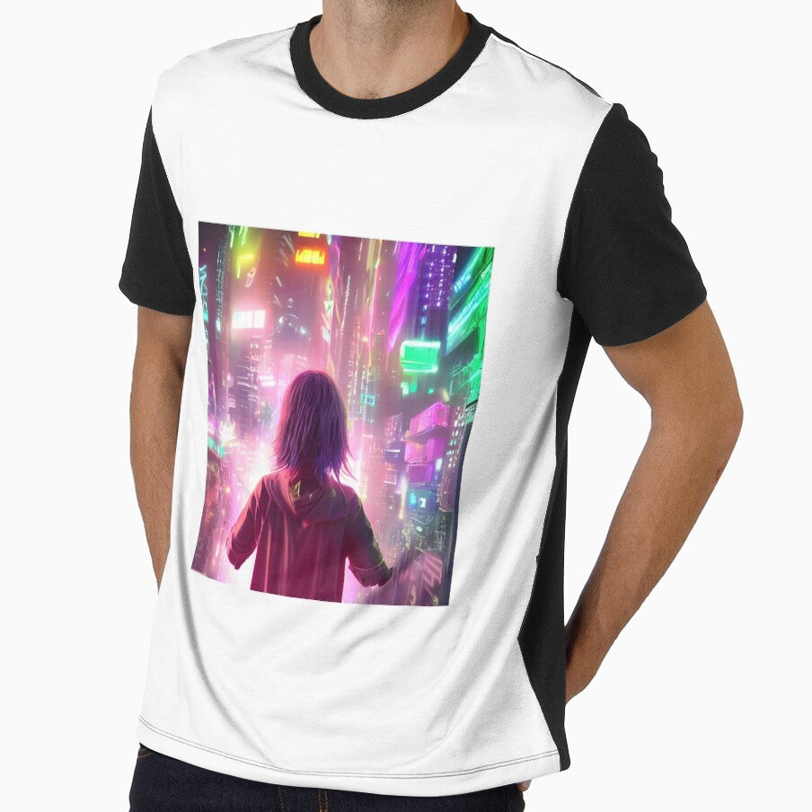 Neon Cyberpunk Anime Girl in Futuristic City – Back View Hoodie Art by Hotgirldeel