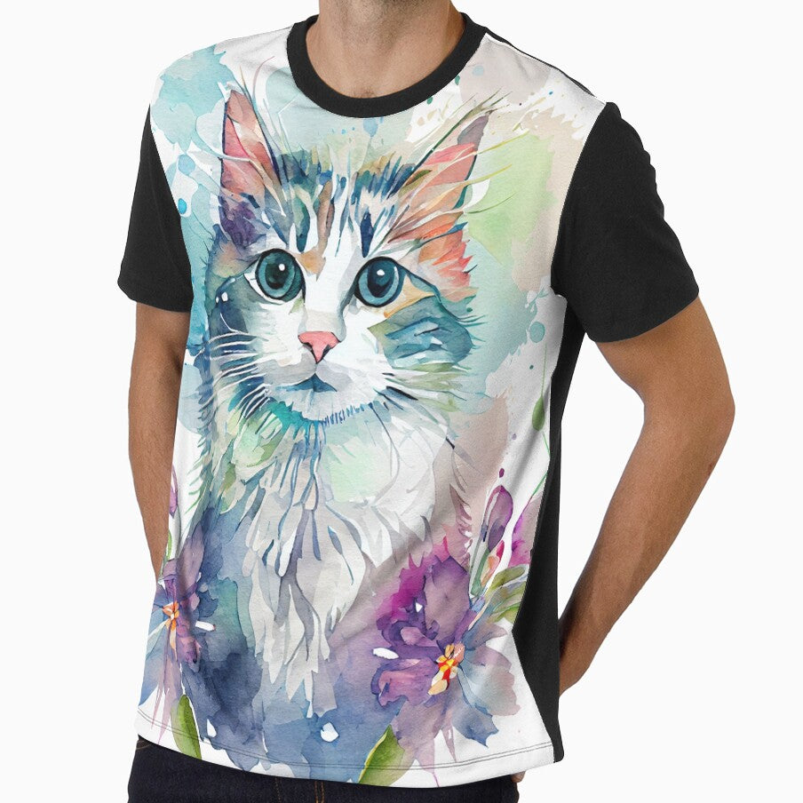 Blooming Whiskers: A Delightfully Cute Cat with Flowers T-Shirt Design by Puppy Paws