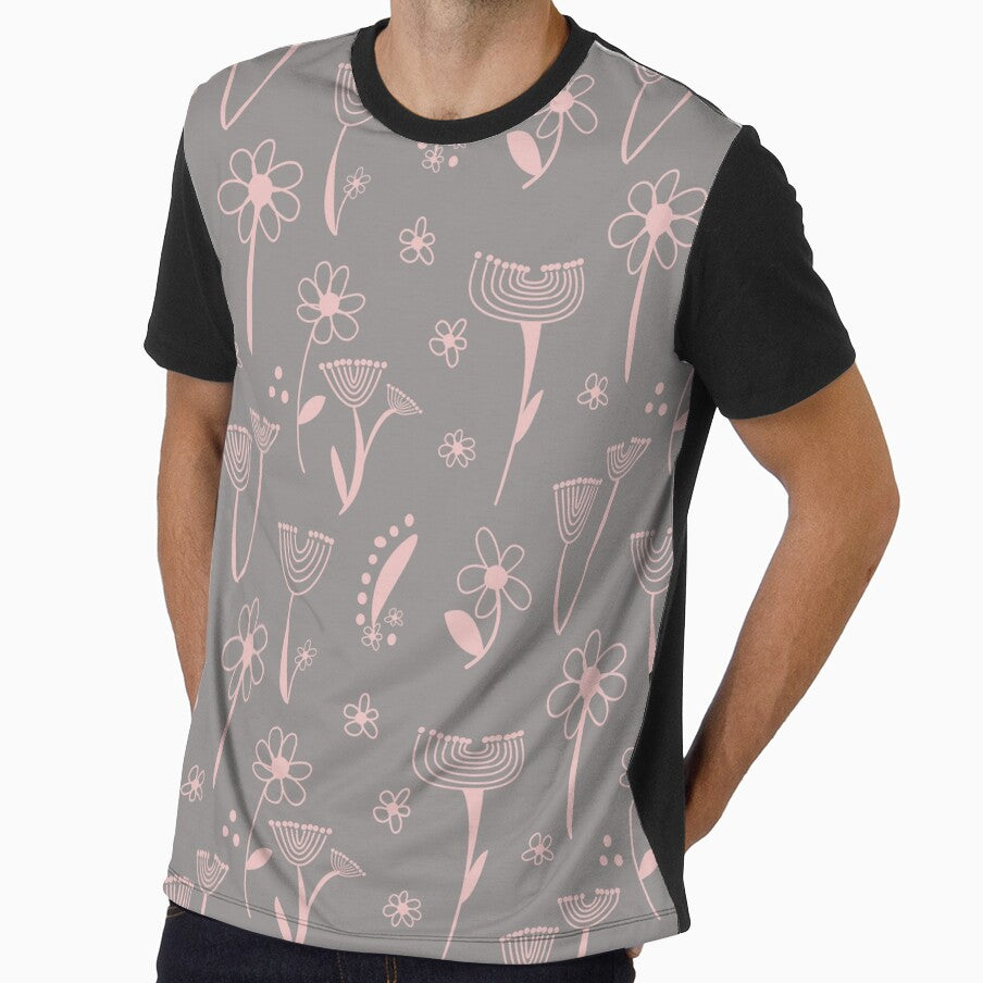 Hand drawn wild flower seamless pattern - blush pastel pink and soft gray.  Caroline Laursen original by Caroline Laursen