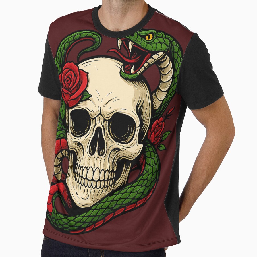 Gothic Skull Snake Rose Tattoo Art – Dark Aesthetic Graphic Design by TypoVibeStudio