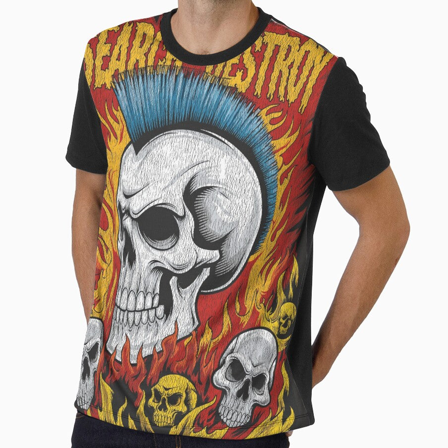 Vintage and distressed Search and Destroy" Punk Rock Poster with Mohawk Skull and Fiery Chaos Design by paulo silveira