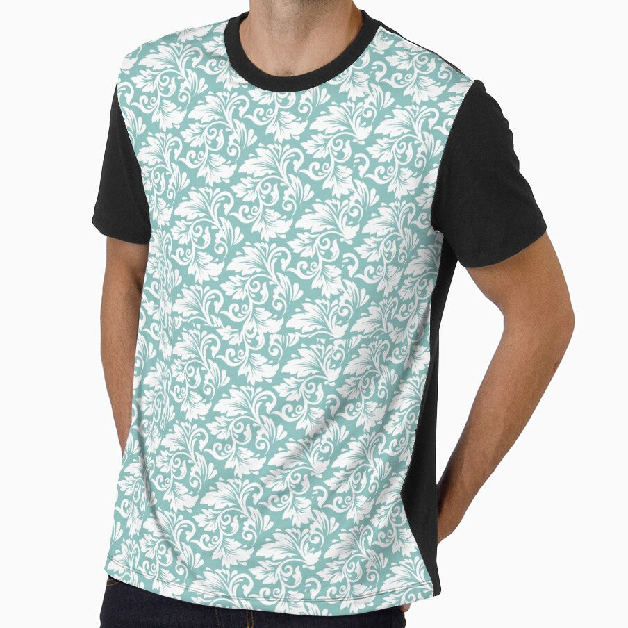 Baroque Damask Pattern – Elegant Vintage Floral Scroll Design, Teal and White Classic Ornamental Aesthetic by trendieprints