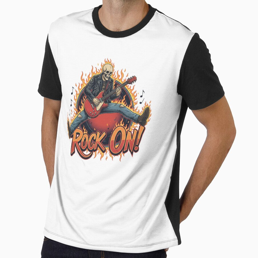 ROCK ON! Skeleton Guitarist Jumping Fire Leather Jacket Rockstar Vintage Illustration Hard Music Classic Metal Rockabilly by DibuHumor