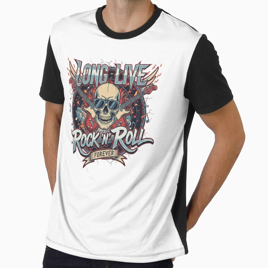 Long Live Rock N Roll Forever Rocker Skull Glasses Guitars Fire Vintage Illustration Hard Music Classic Metal Iconic Design by DibuHumor