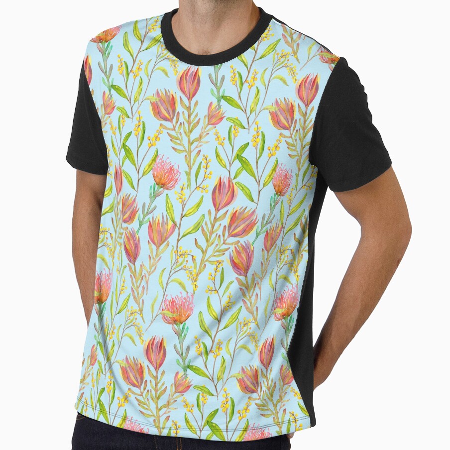 Protea Watercolour Floral/Exotic Vibrant Botanical on Blue by Moritza Jarman Design