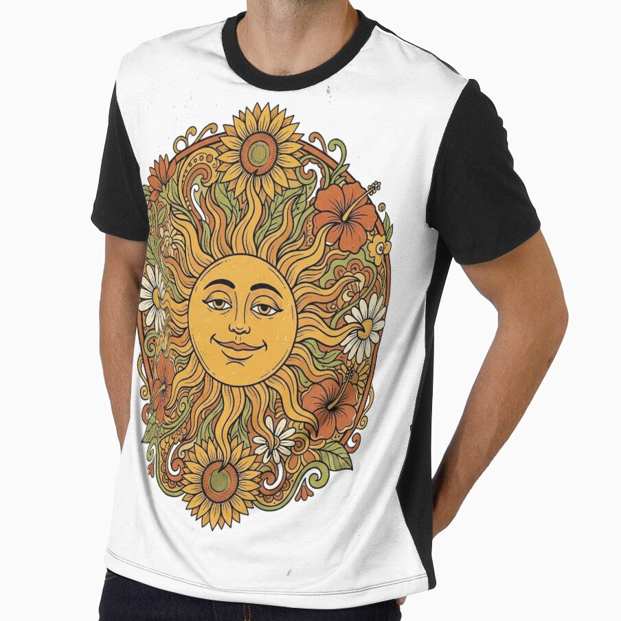 Retro 70s Groovy Sun Floral Vintage Psychedelic Nature Art Tshirt by EliasMan