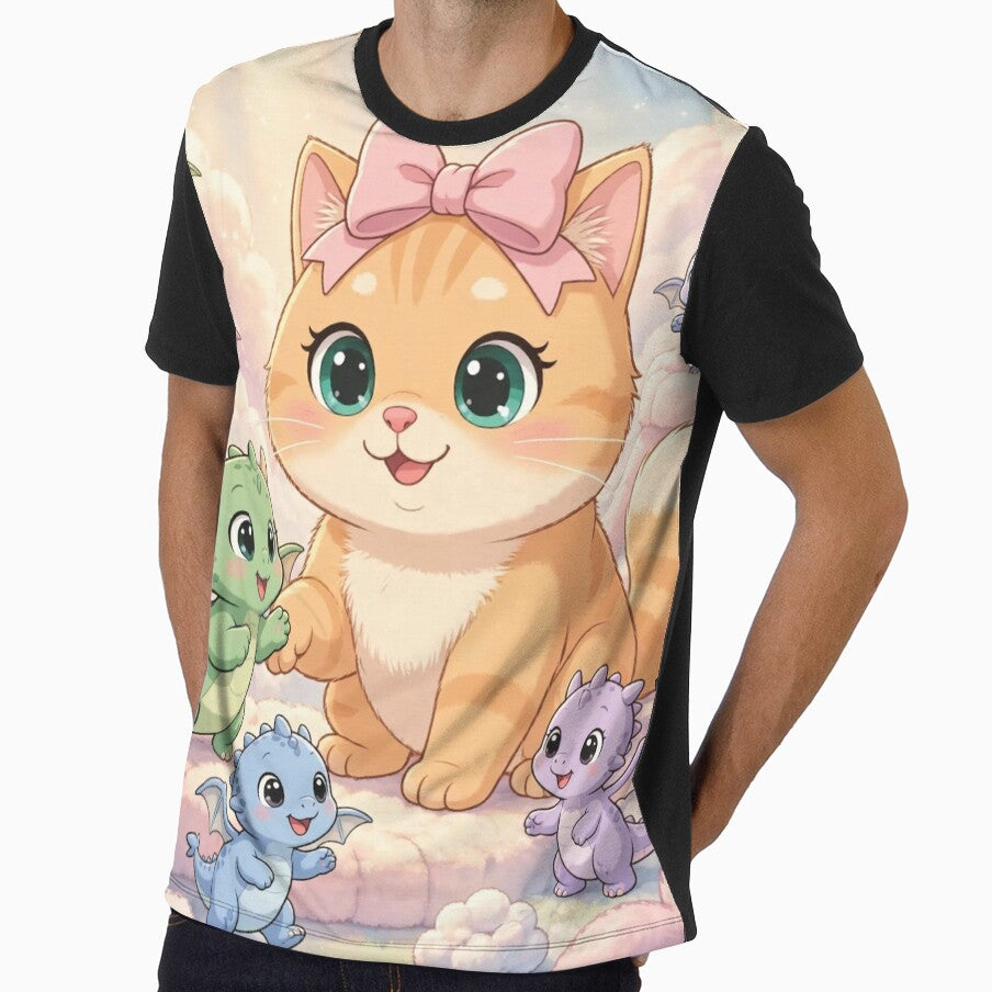 cute cat playing with baby dragons on clouds by Moody Vibes Studio