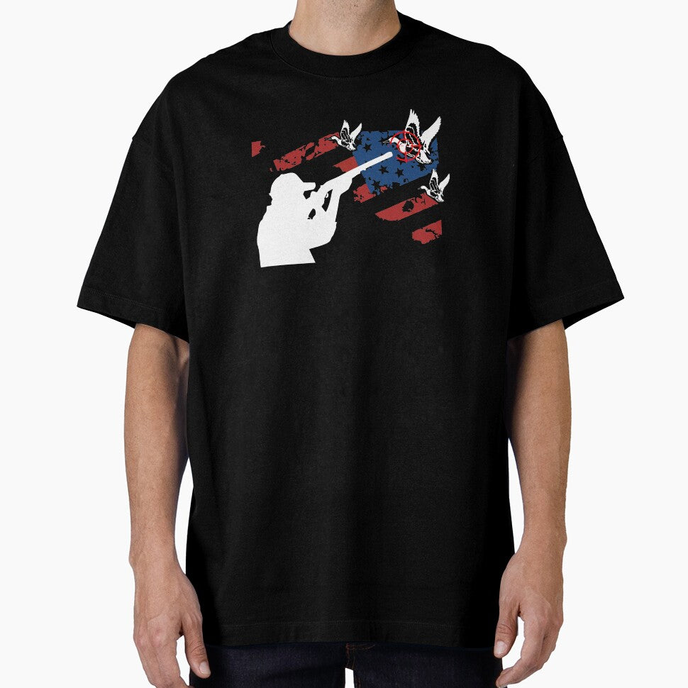 image of american flag with shadow of hunter aiming rifle at 3 flying ducks combi by hadleydesigns
