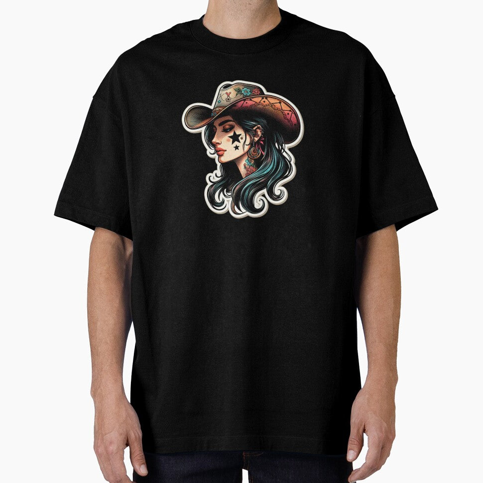 Elegant Woman with Long Dark Hair in Cowboy Hat - Western Style Graphic by styleonestaa