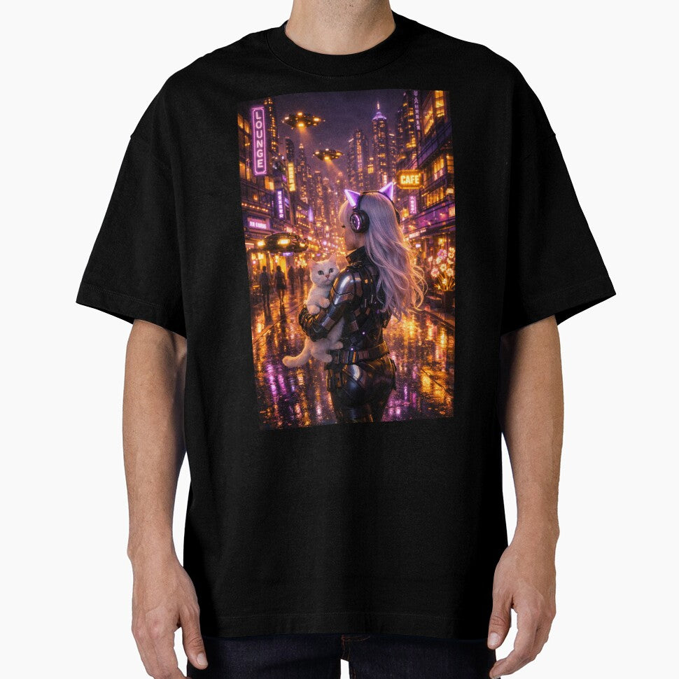 Cyberpunk Girl with White Cat Neon City Lounge Art by UmSkelig834
