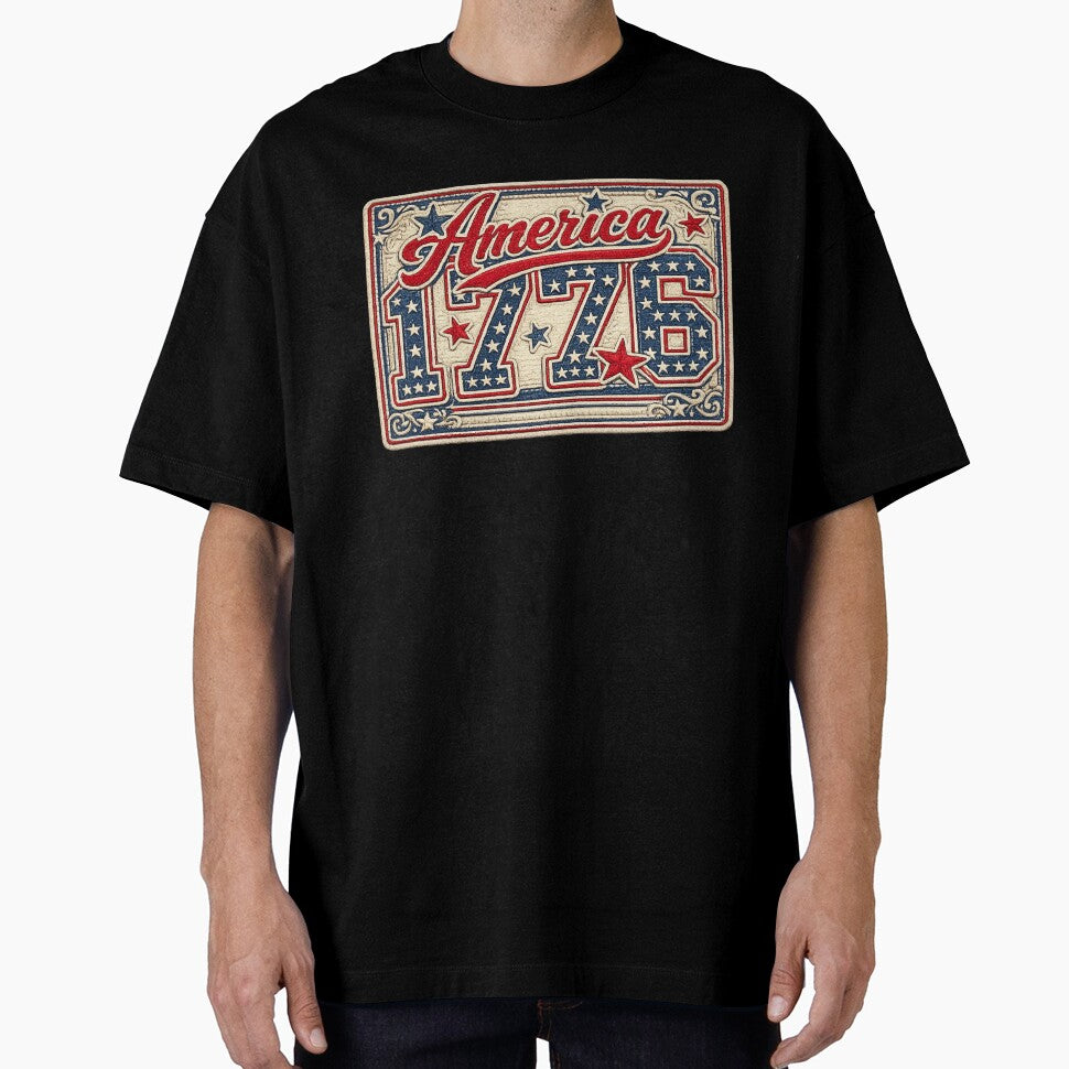America 1776 Vintage Embroidered Patch Style Design  Retro Patriotic Stars USA Independence Day Shirt by Pattranit56