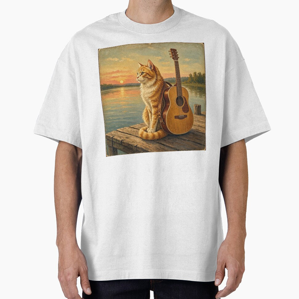 Vintage Guitarist Cat Sunset Lake Oil Painting by ElvisVintagePosters