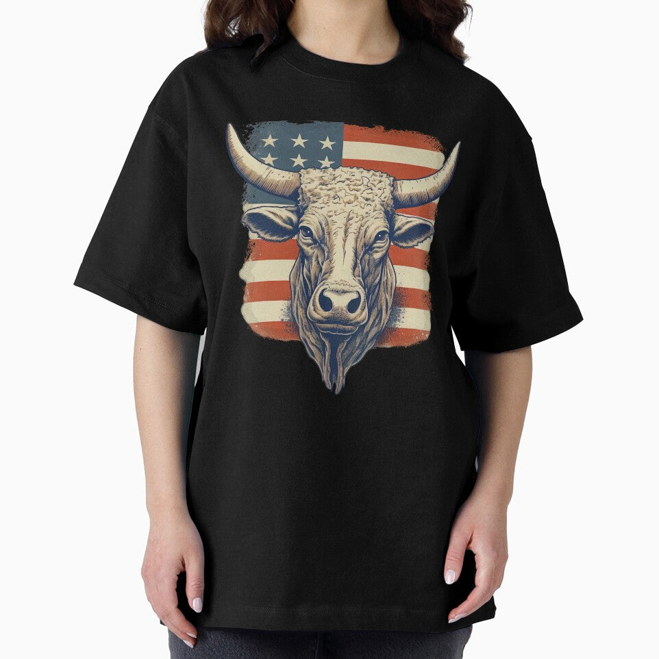 Patriotic Longhorn Bull with American Flag on Back by Dreamakerstudio