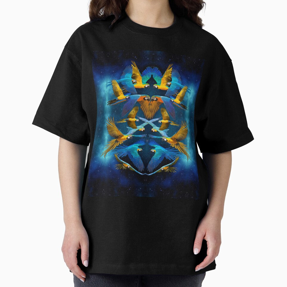 Flock of Blue and Gold Macaws with Blue Galactic Background by JungleVision