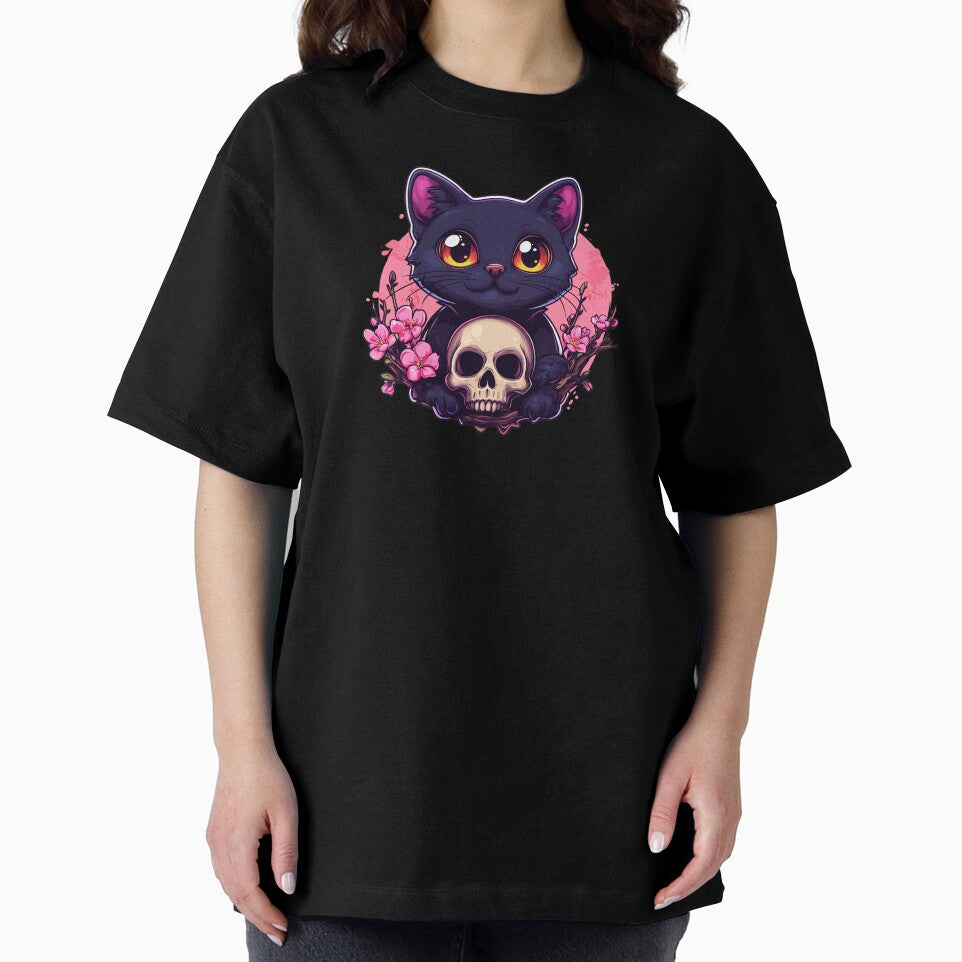 Gothic Black Cat with Skull and Cherry Blossom Cute Pastel Goth Kawaii by KawaiiMotto