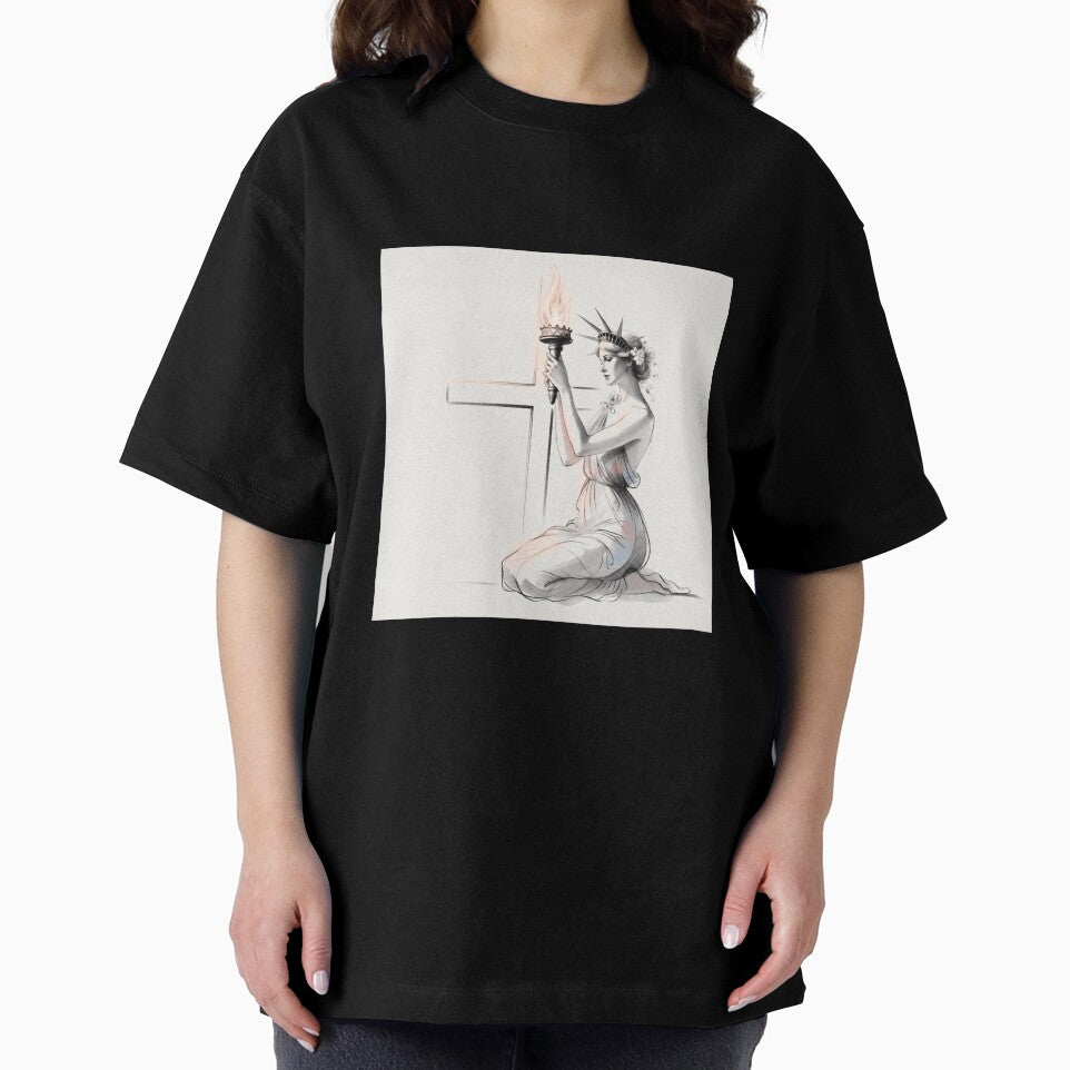 Lady Liberty Kneeling Before Cross by MKThreadsStudio