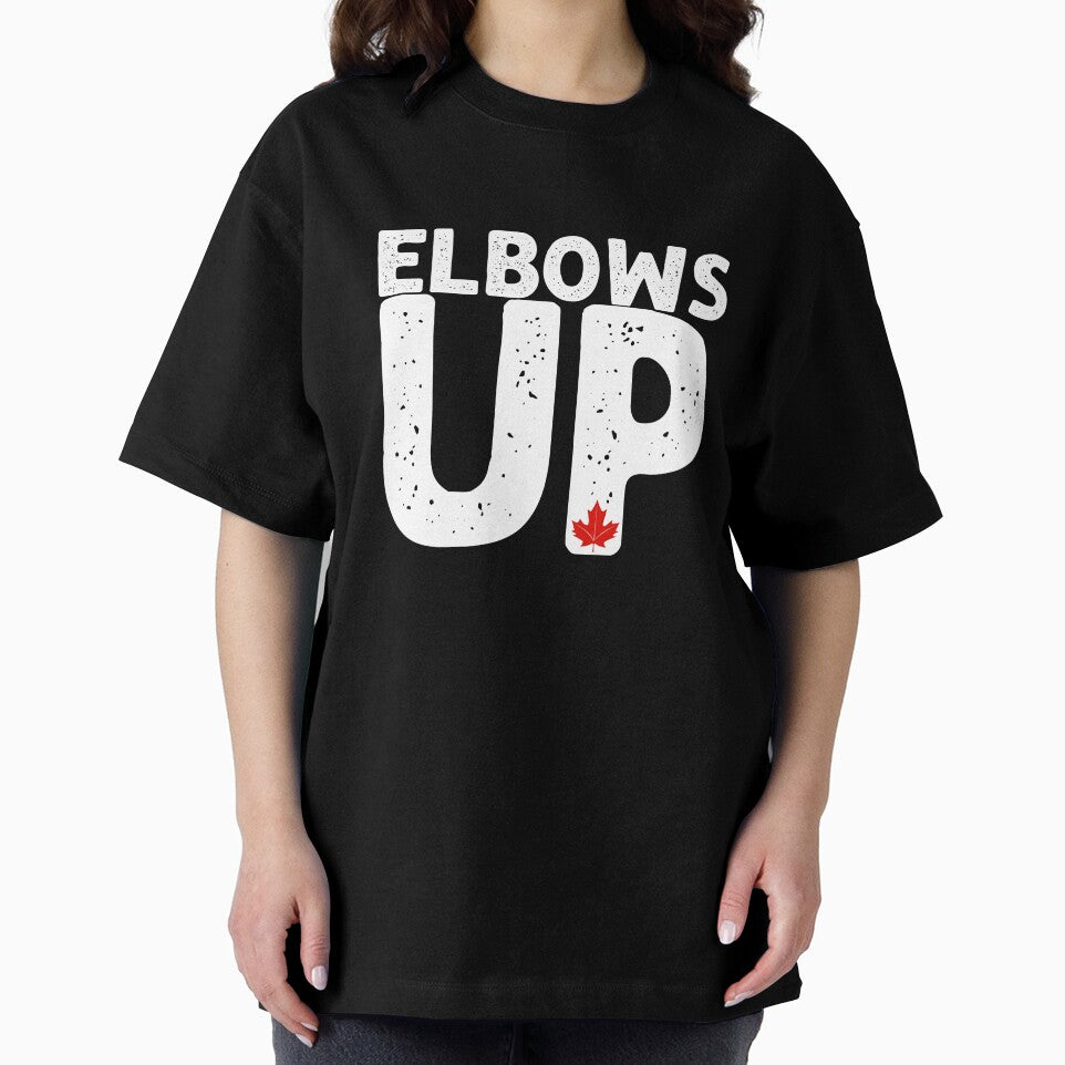 ELBOWS UP Bold Distressed Typography with Red Maple Leaf - Playful Canadian Inspired Design by BrushRushX