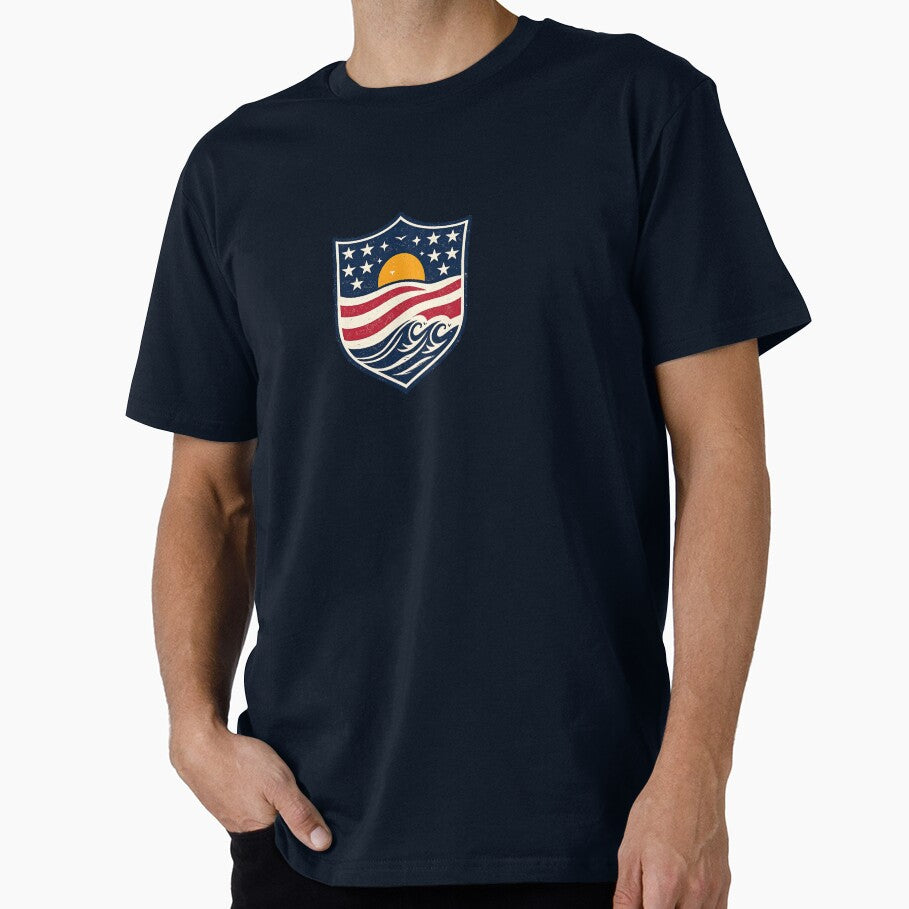 Coastal USA Wave Shield Shirt | Americana Surf Style Beach Logo by LuckyCoast